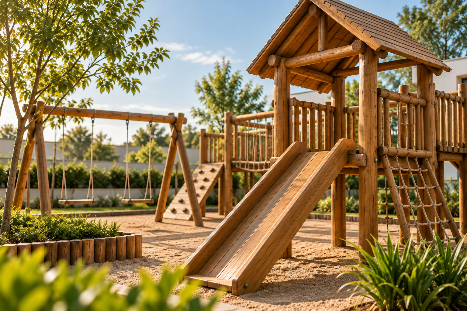 Playground de madeira com escorregador e balanços